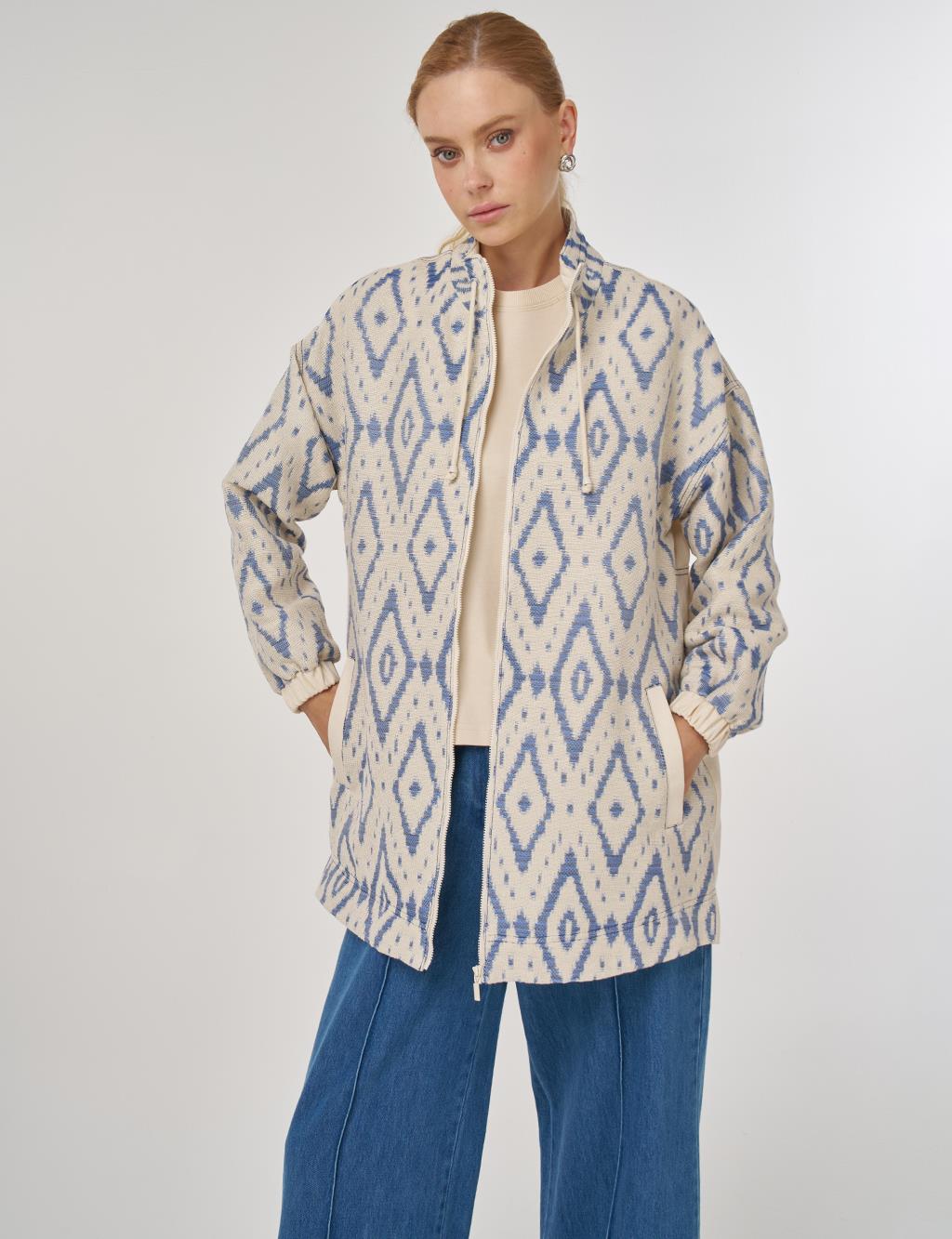 High Neck Jacquard Jacket in Indigo
