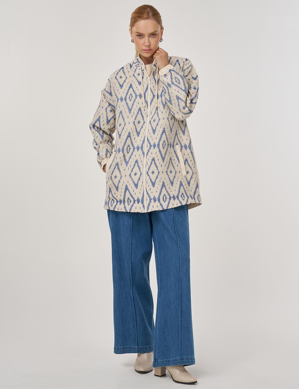 High Neck Jacquard Jacket in Indigo