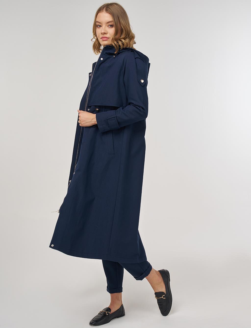Hooded Detail Trench Coat in Dark Navy