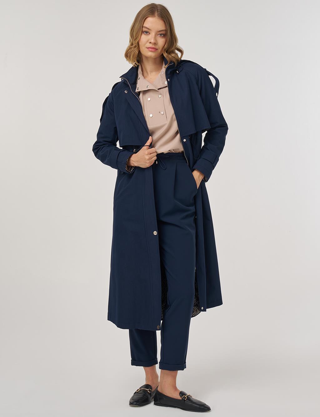 Hooded Detail Trench Coat in Dark Navy