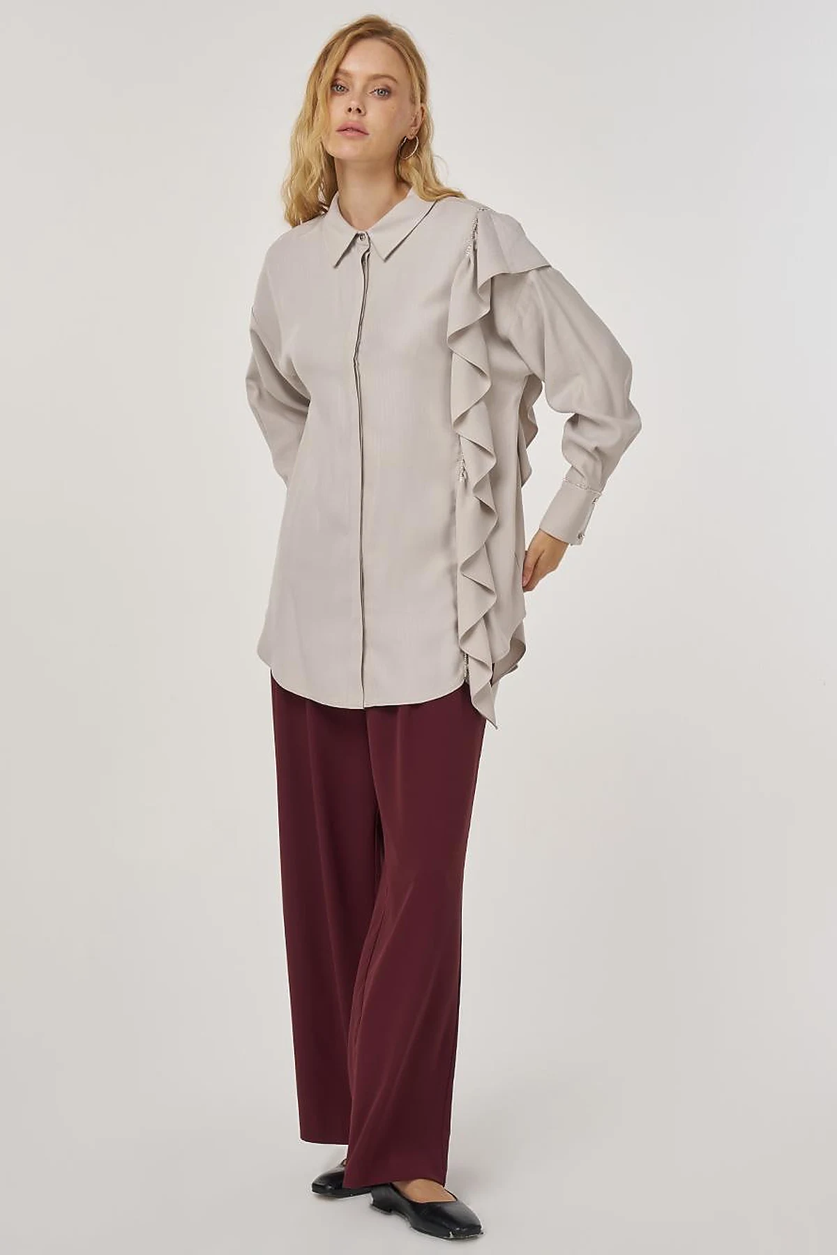 Ruffle Detailed Tunic in Light Gray