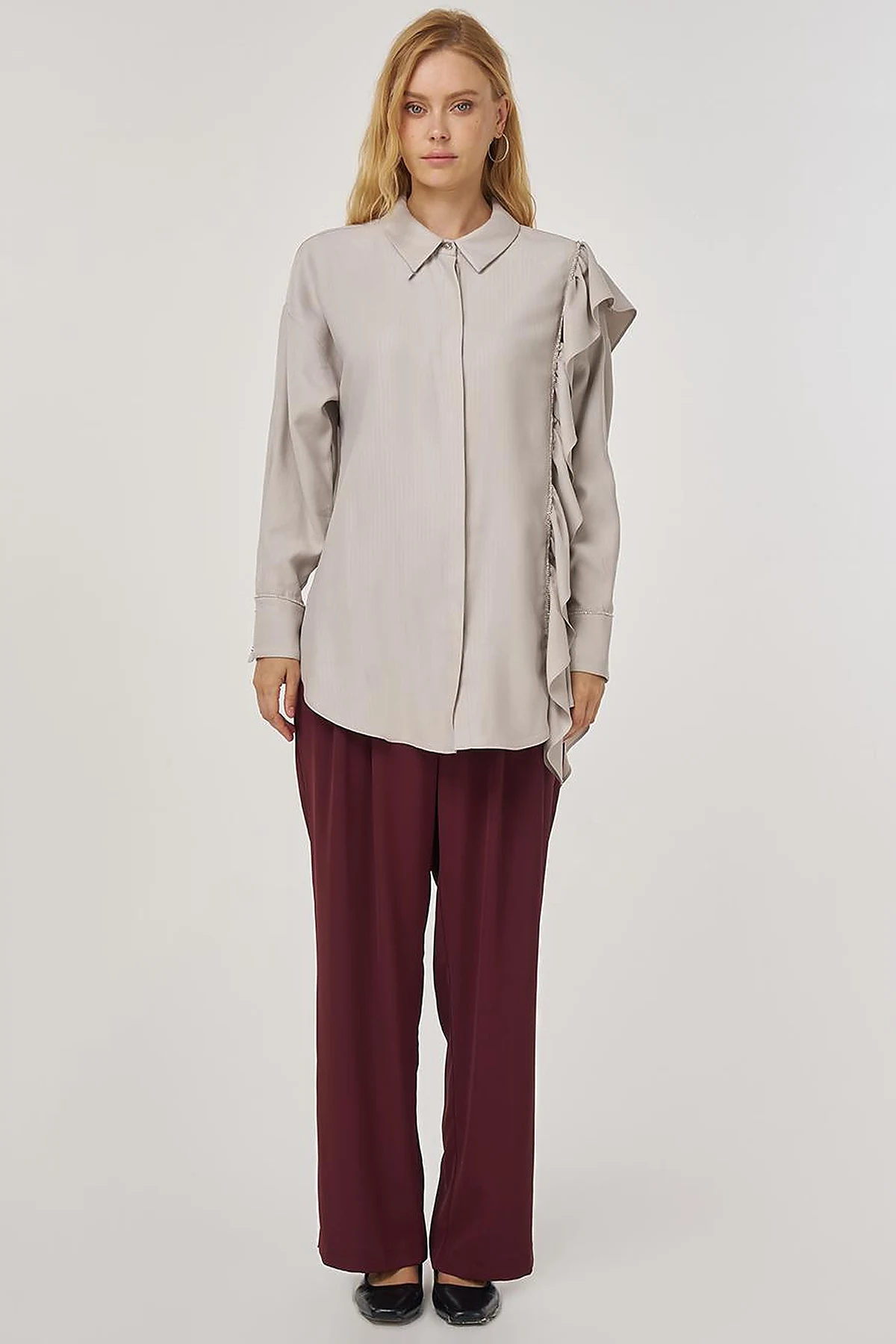 Ruffle Detailed Tunic in Light Gray