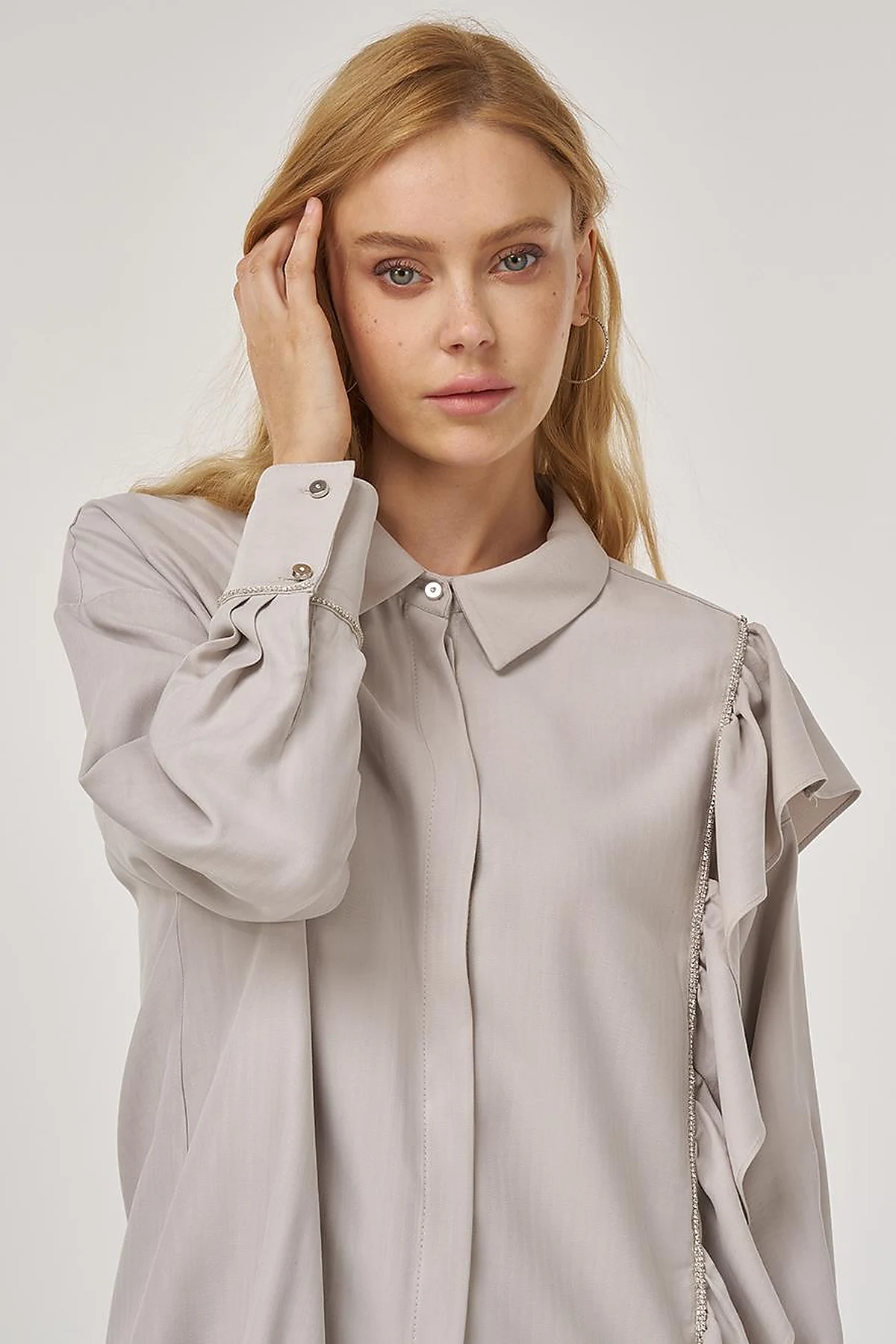Ruffle Detailed Tunic in Light Gray