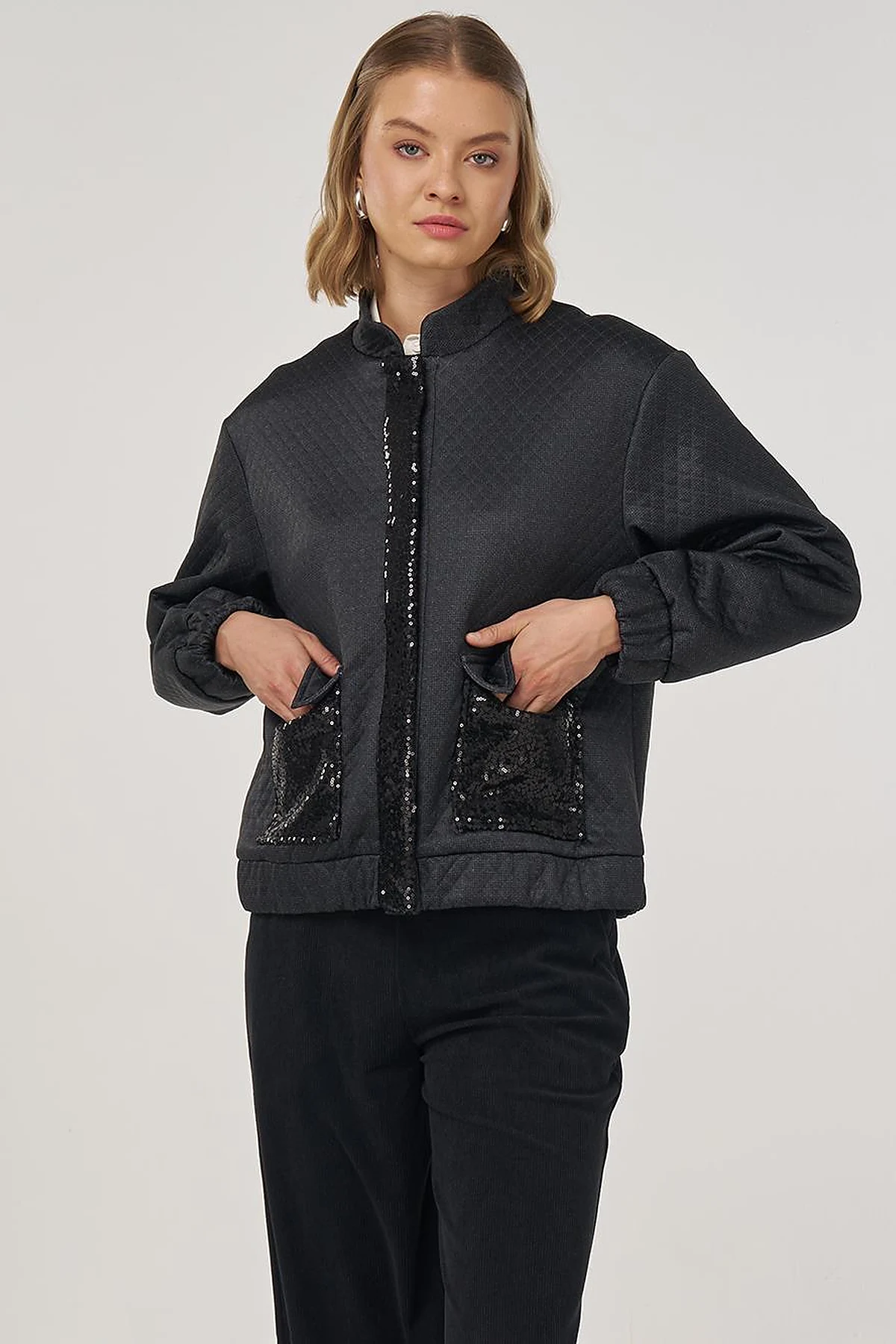 Sequin Detailed Bomber Jacket in Black