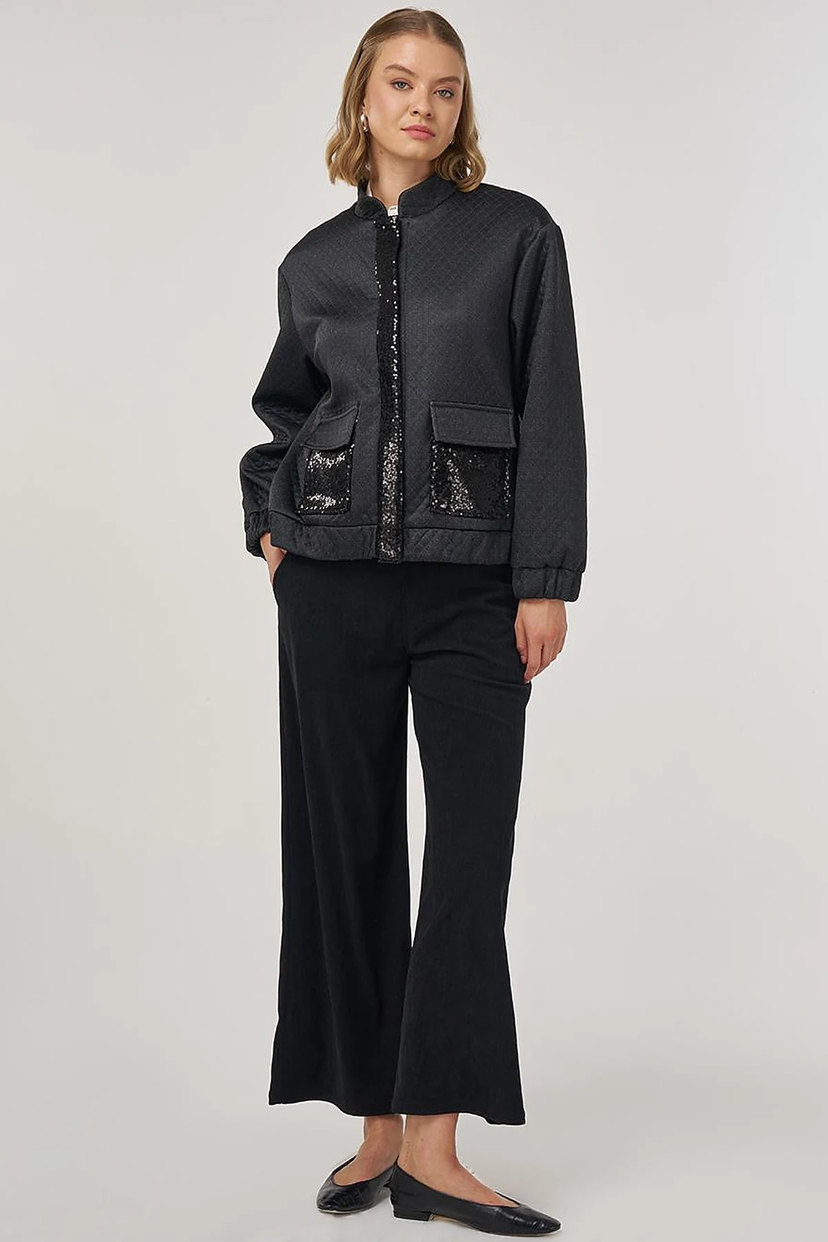Sequin Detailed Bomber Jacket in Black