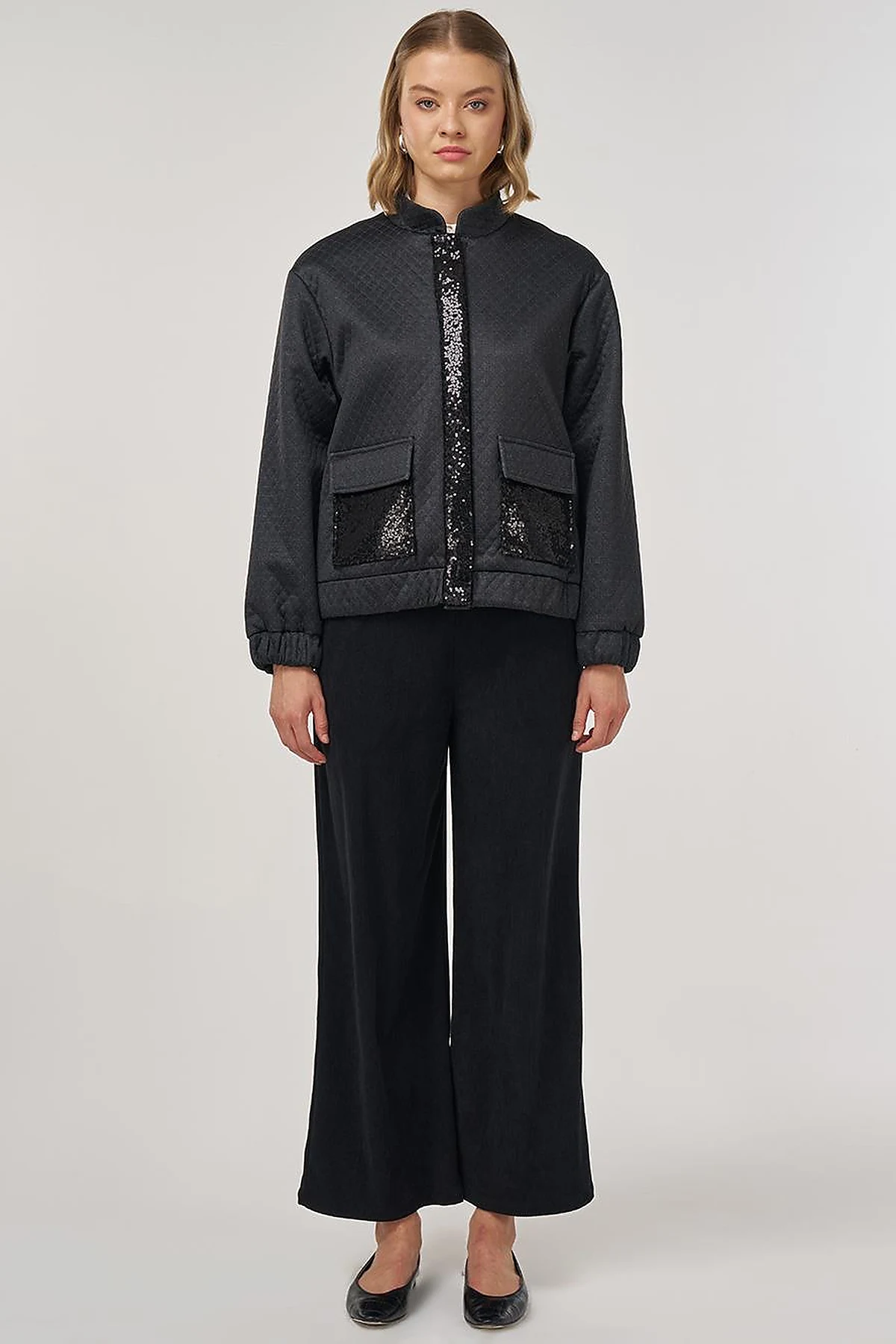 Sequin Detailed Bomber Jacket in Black