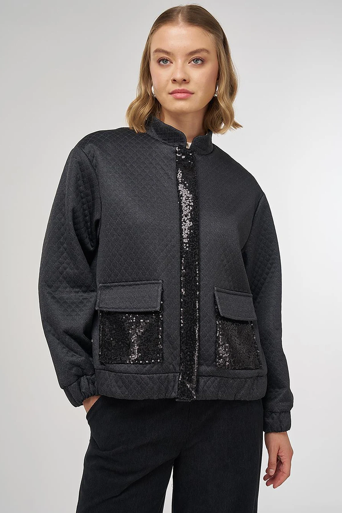 Sequin Detailed Bomber Jacket in Black