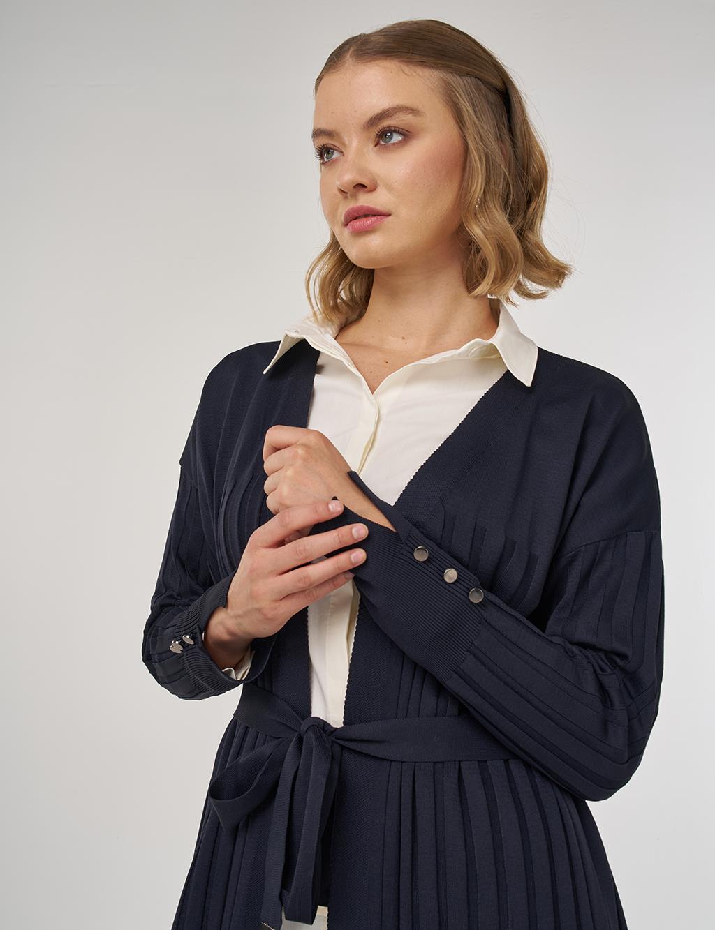 Belted Knit Cardigan Navy Blue