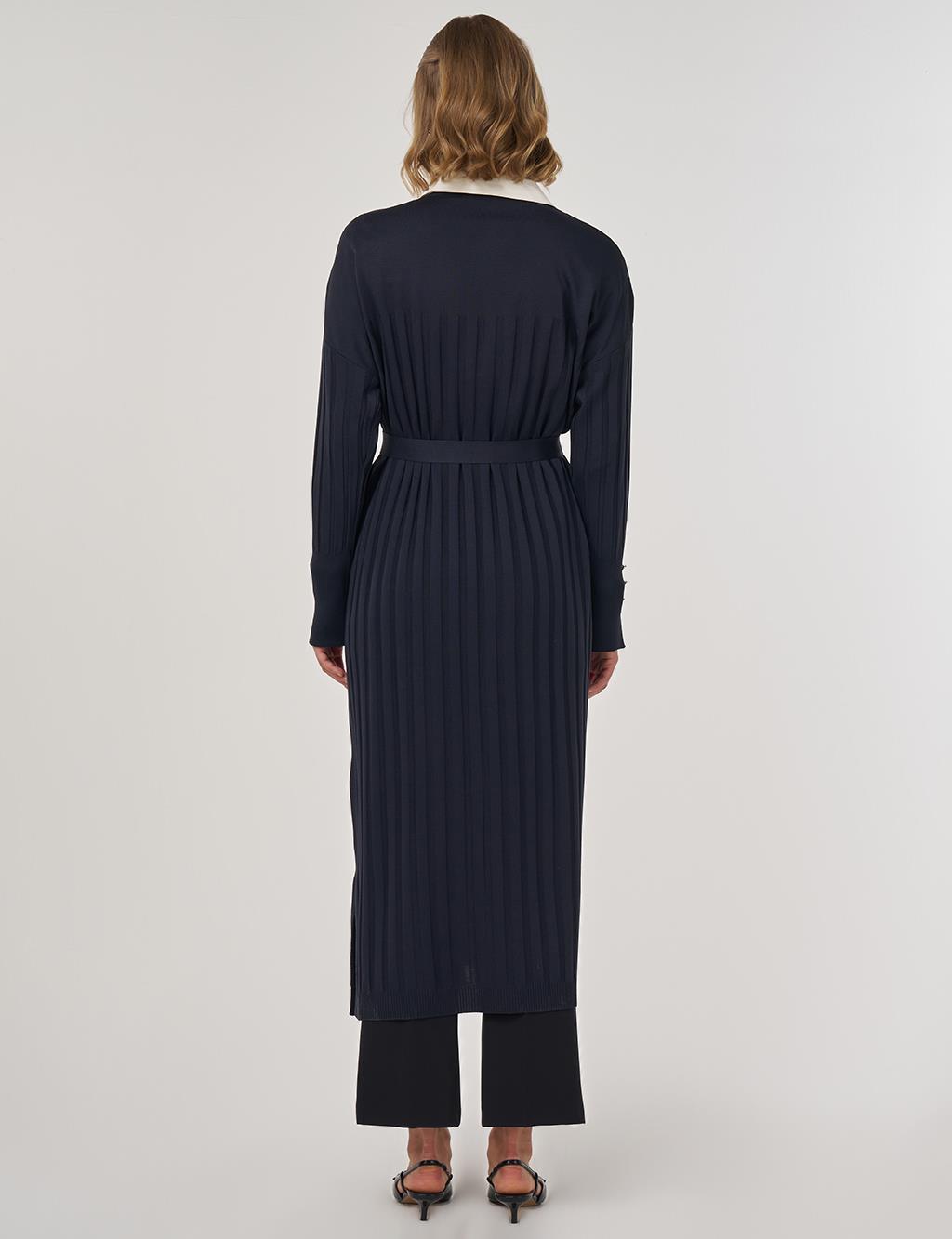 Belted Knit Cardigan Navy Blue