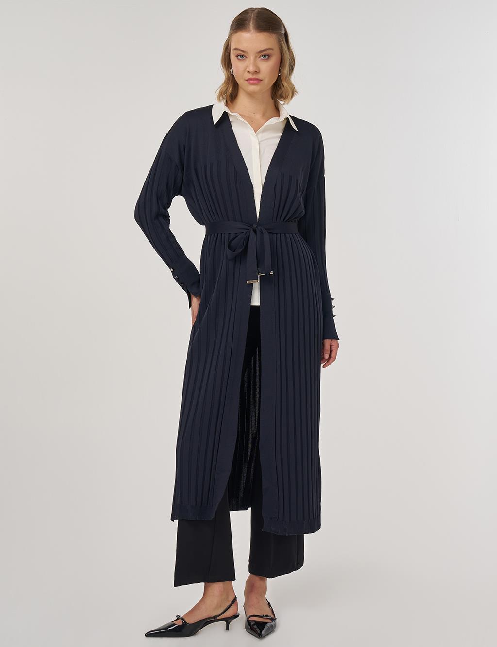 Belted Knit Cardigan Navy Blue