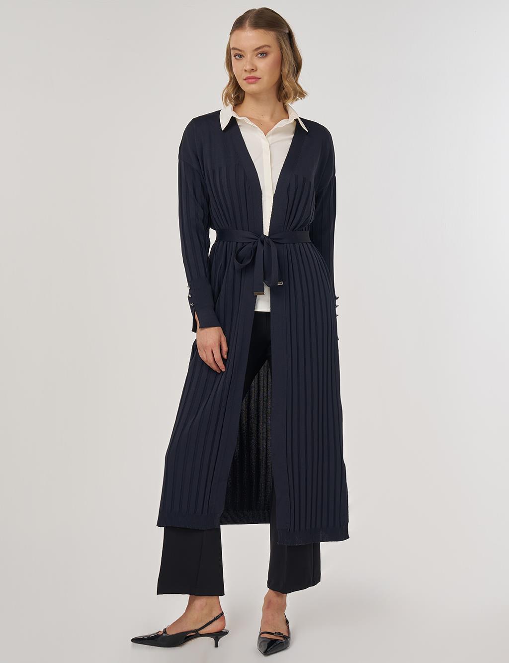 Belted Knit Cardigan Navy Blue