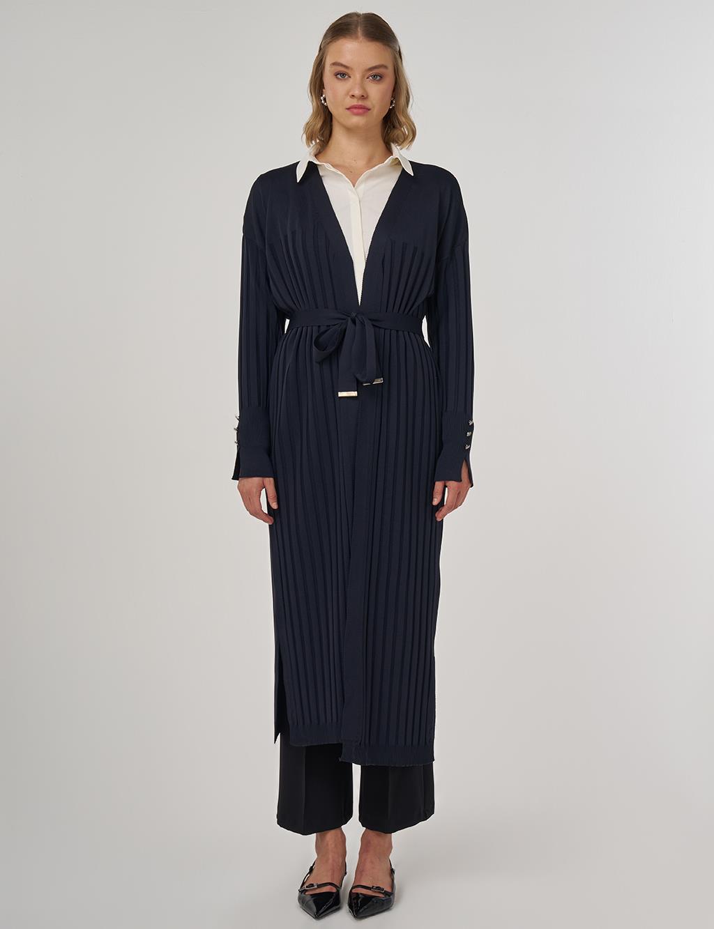 Belted Knit Cardigan Navy Blue