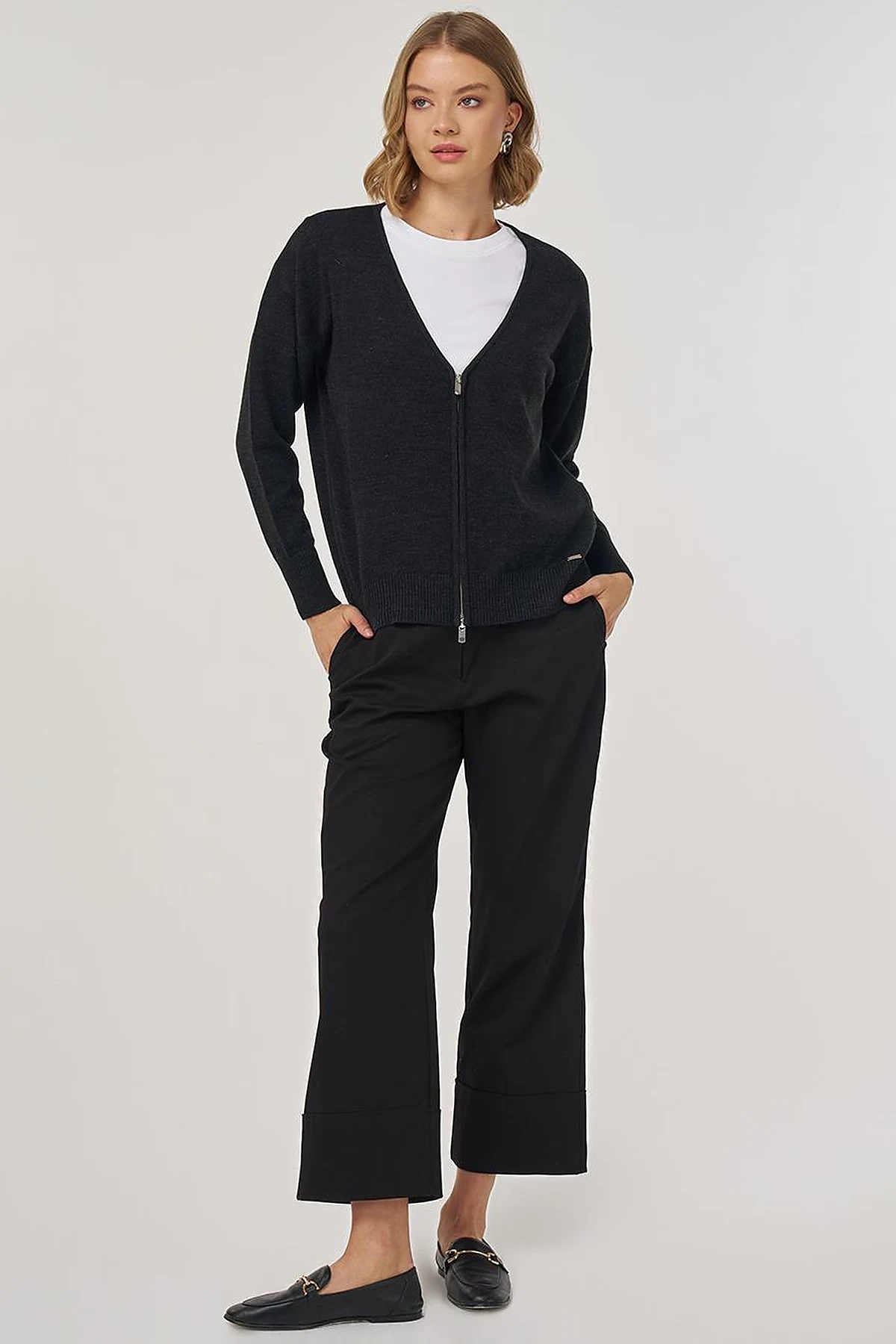 Zippered Knit Cardigan Anthracite