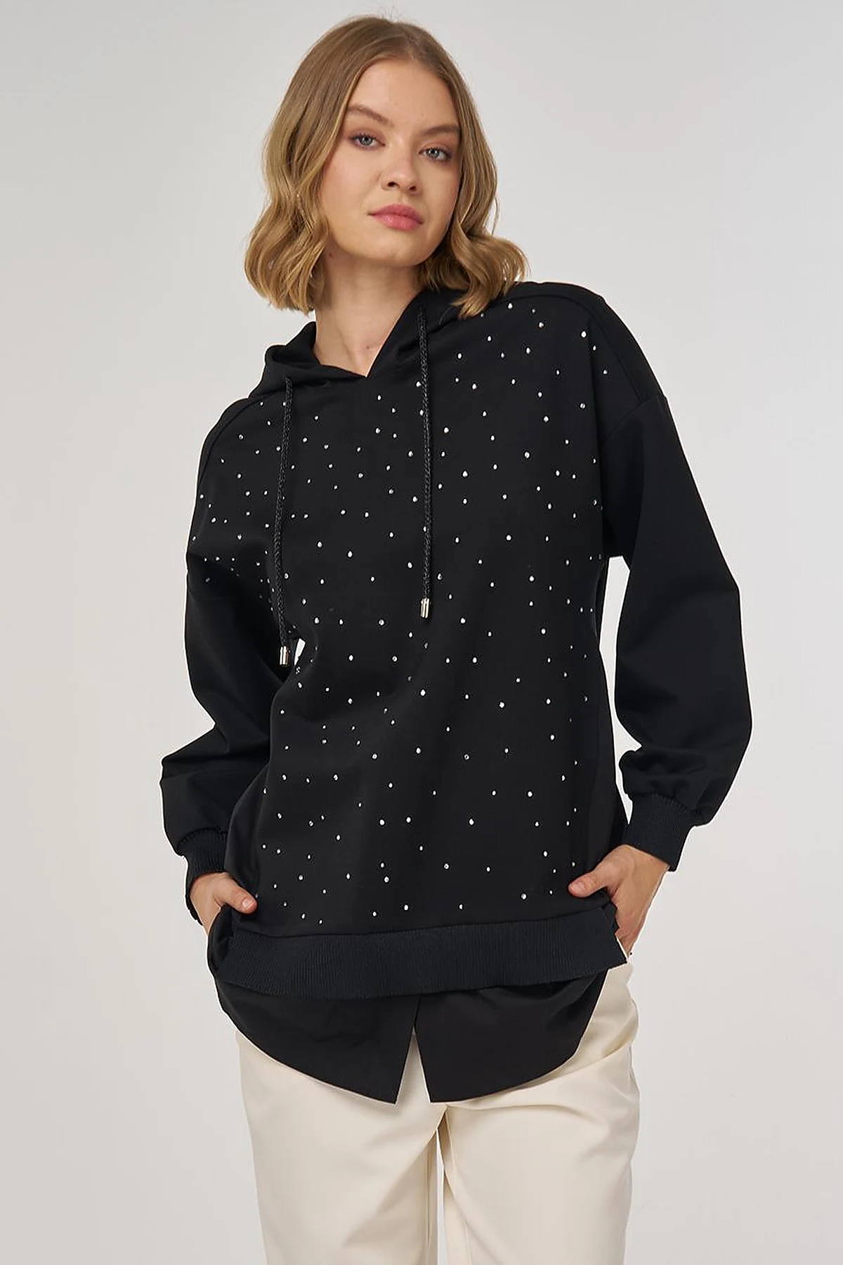 Hotfix Printed Rayon Sweatshirt in Black