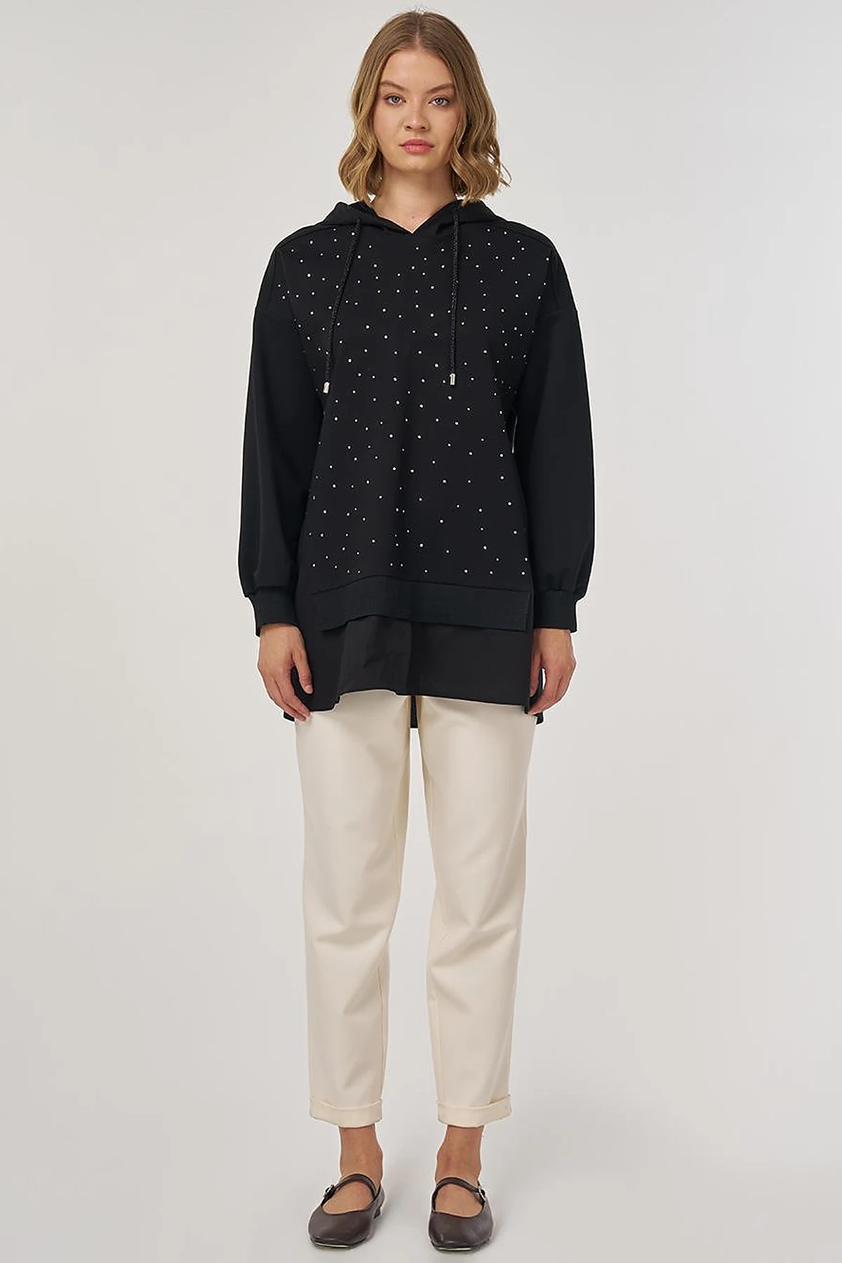 Hotfix Printed Rayon Sweatshirt in Black