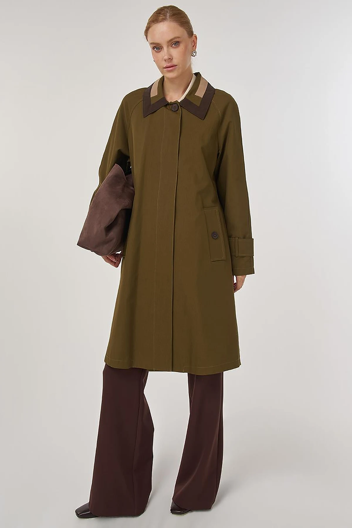 Collar Detailed Trench Coat Khaki