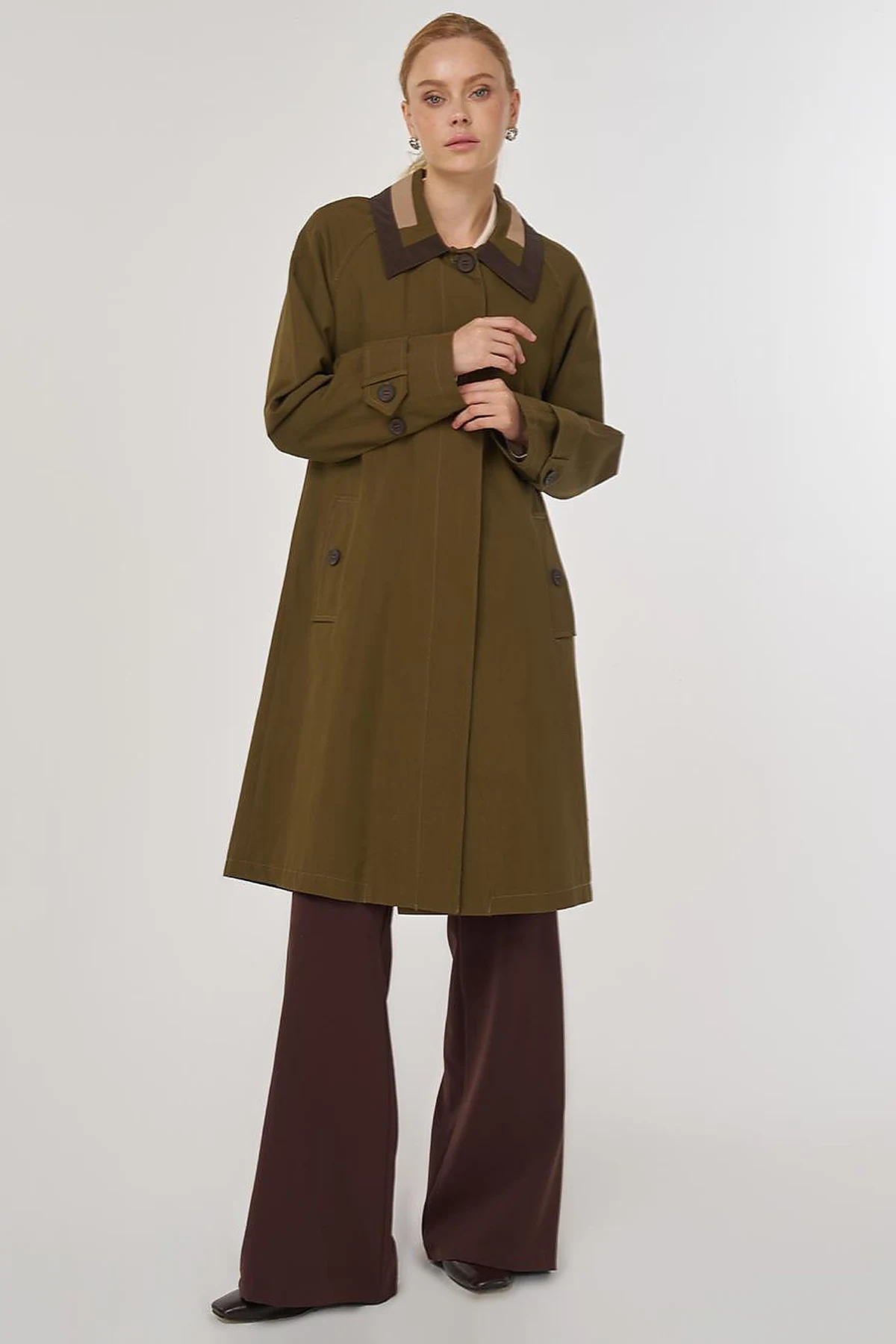 Collar Detailed Trench Coat Khaki