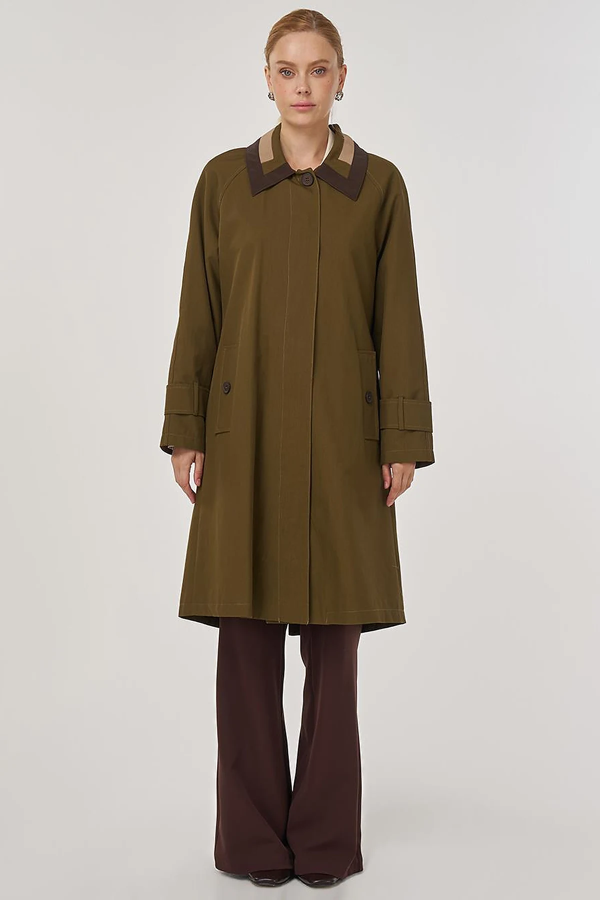 Collar Detailed Trench Coat Khaki