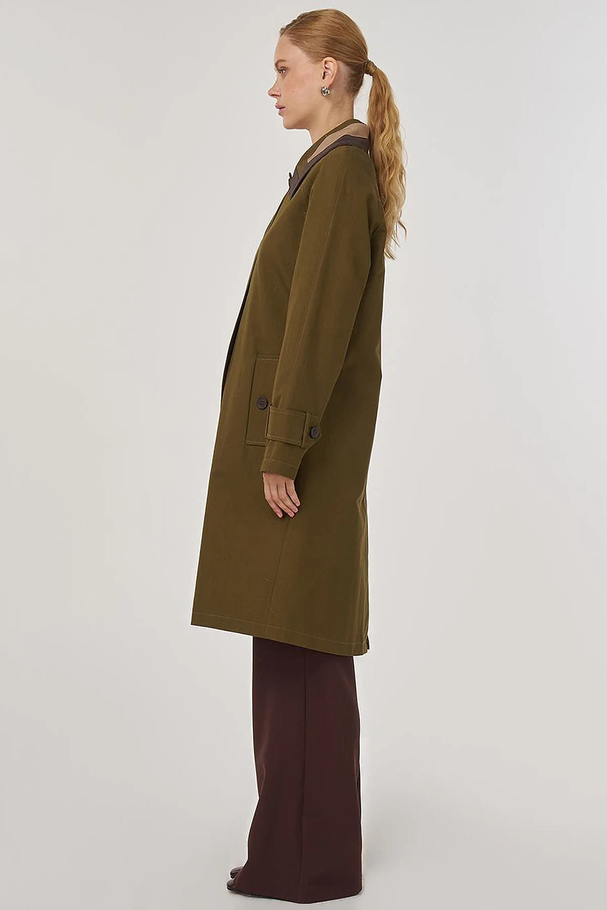 Collar Detailed Trench Coat Khaki