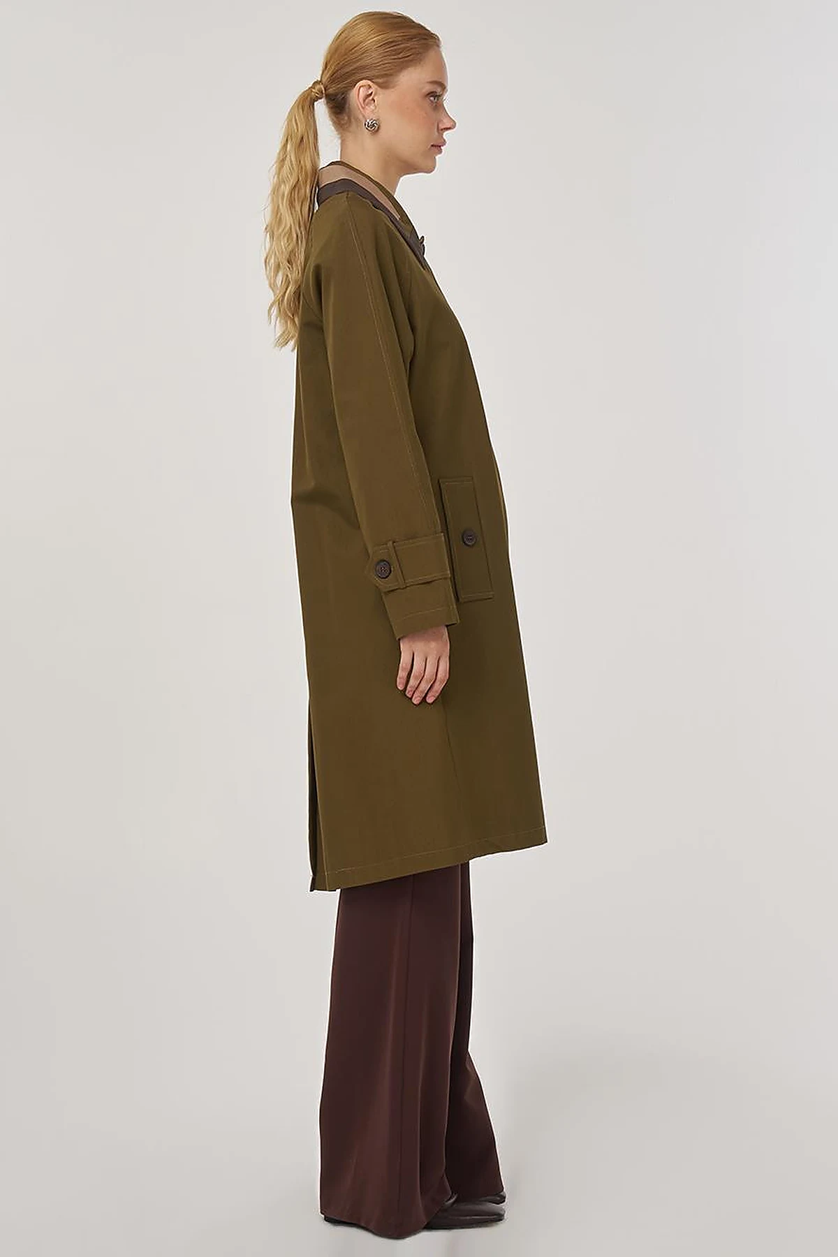 Collar Detailed Trench Coat Khaki