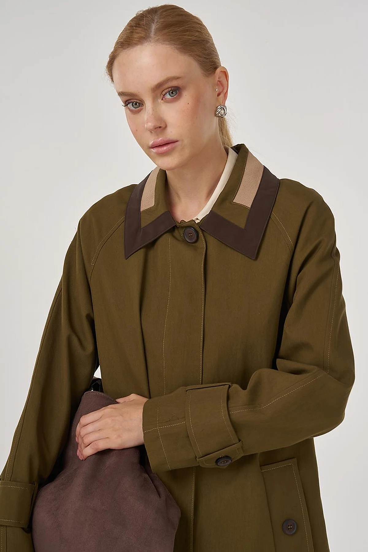 Collar Detailed Trench Coat Khaki