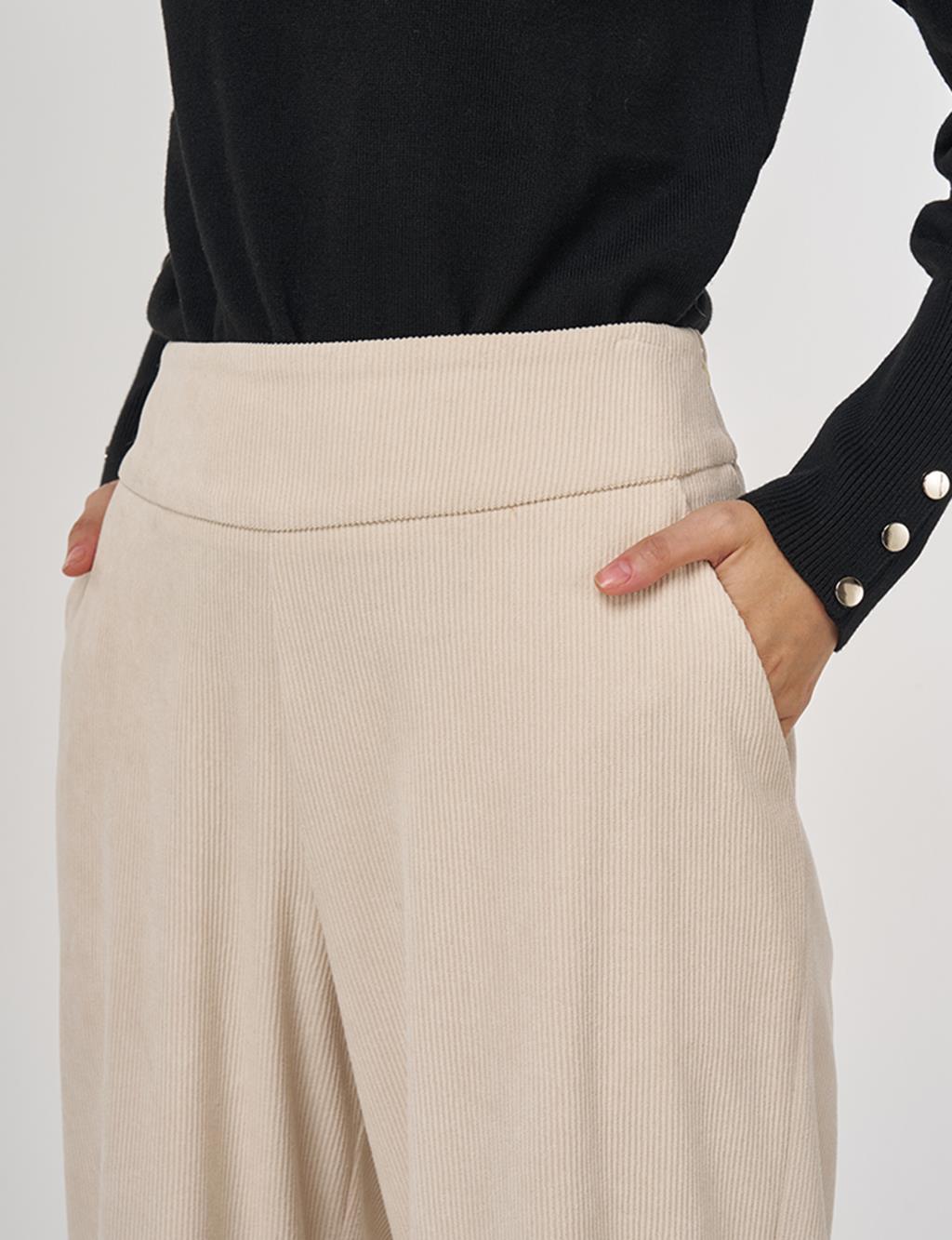 Cep Detaylı Kadife Pantolon Taş