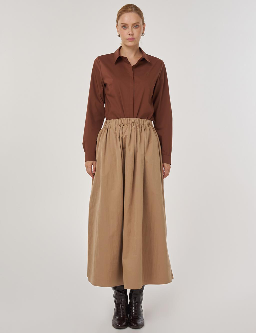 Cep Detaylı Çan Etek Açık Kahve