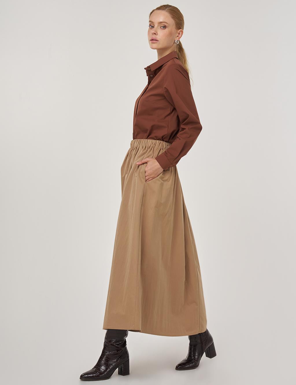 Cep Detaylı Çan Etek Açık Kahve