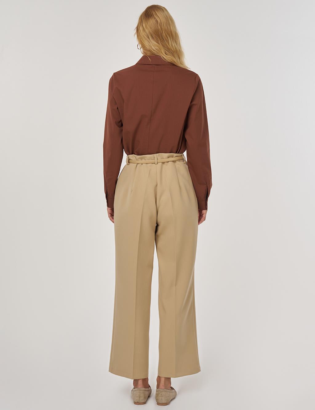 Cep Detaylı Kumaş Pantolon Bej
