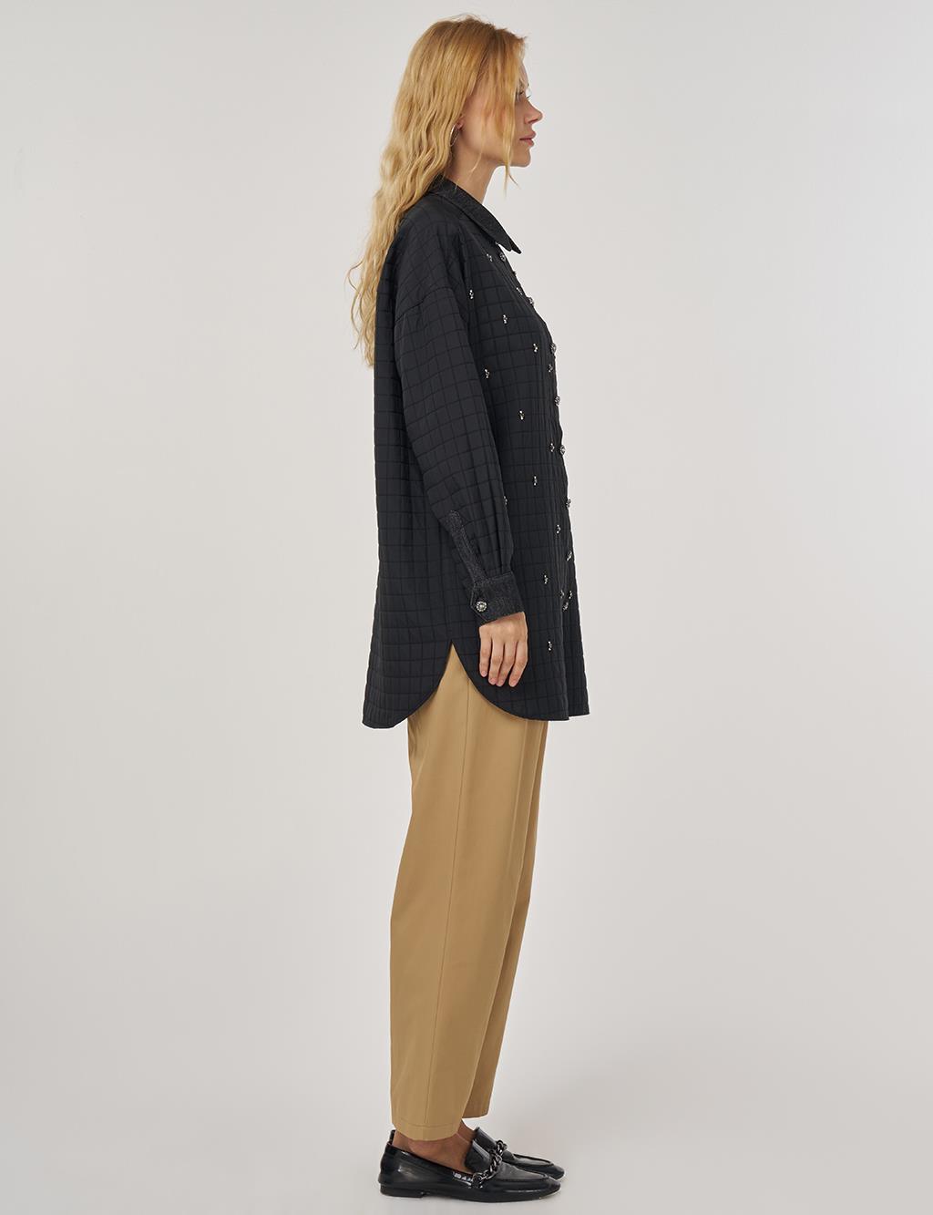 Quilted Denim Collar Tunic in Black