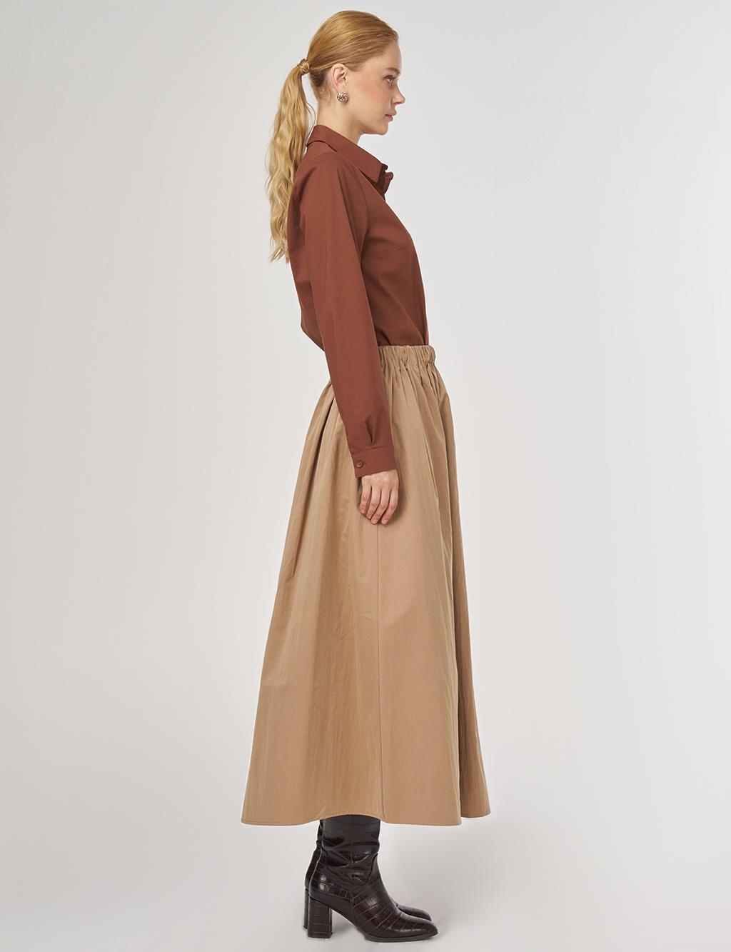 Cep Detaylı Çan Etek Açık Kahve