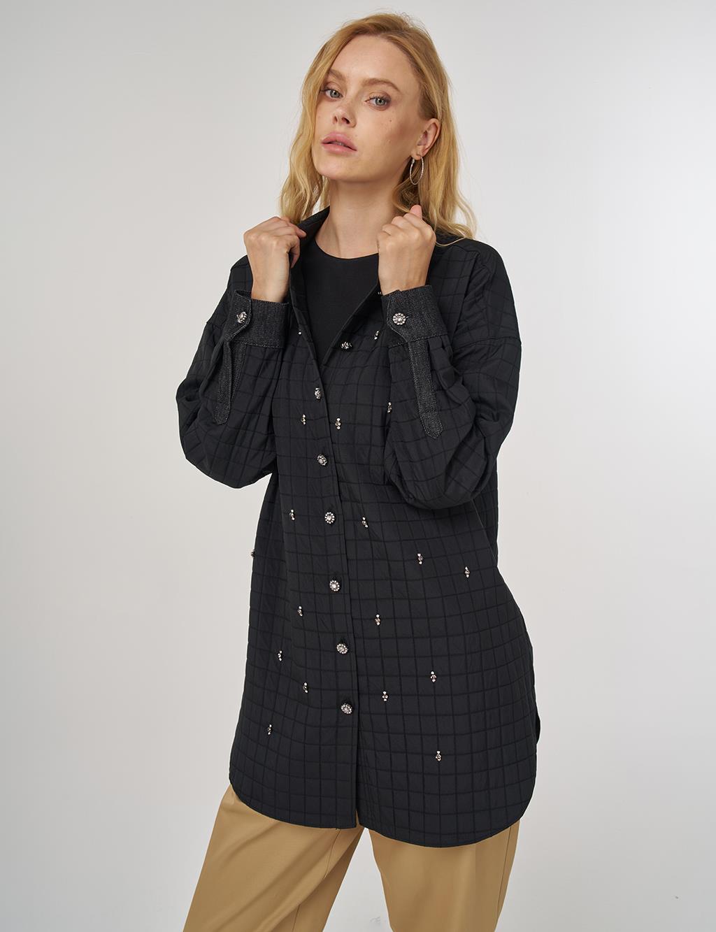 Quilted Denim Collar Tunic in Black
