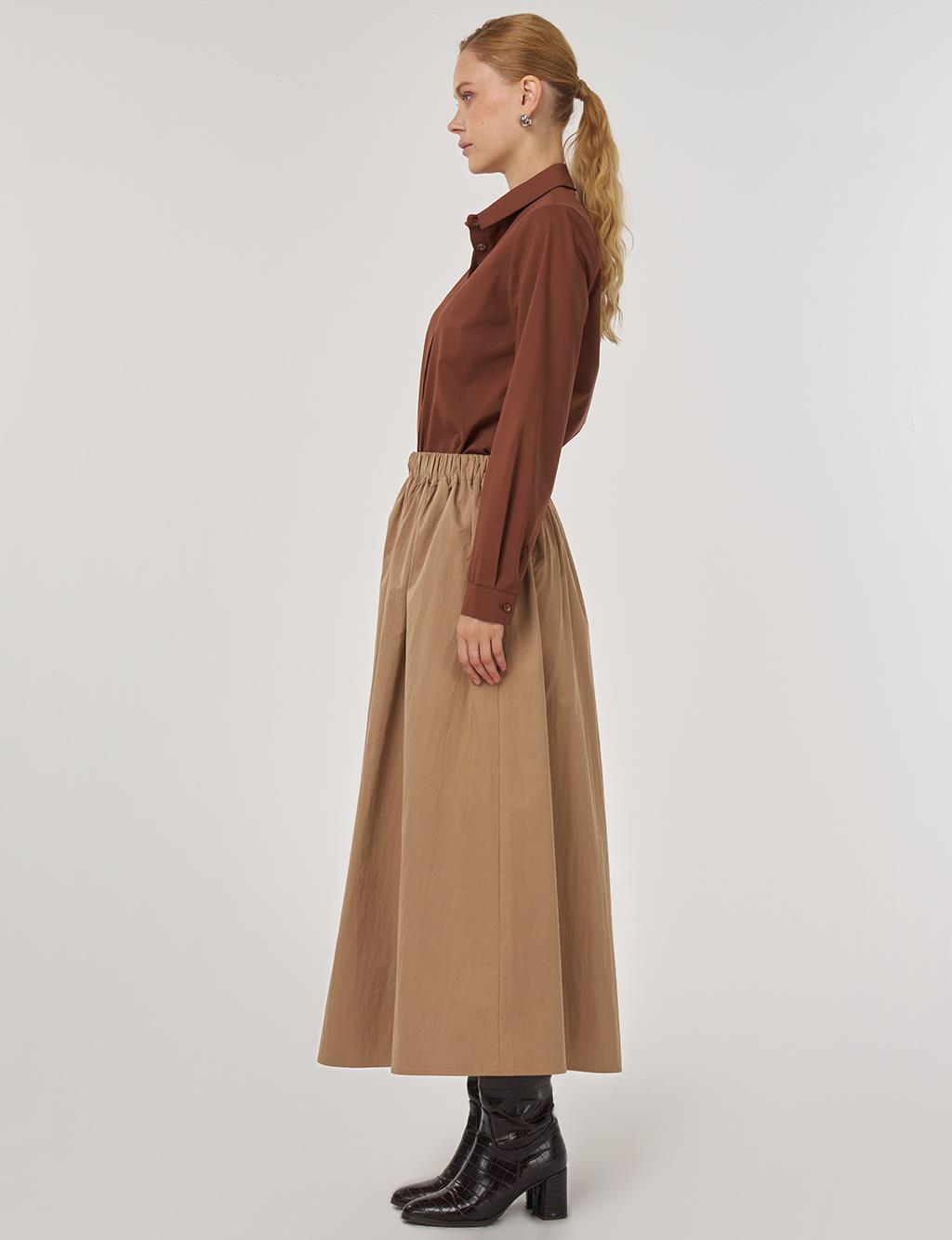 Cep Detaylı Çan Etek Açık Kahve