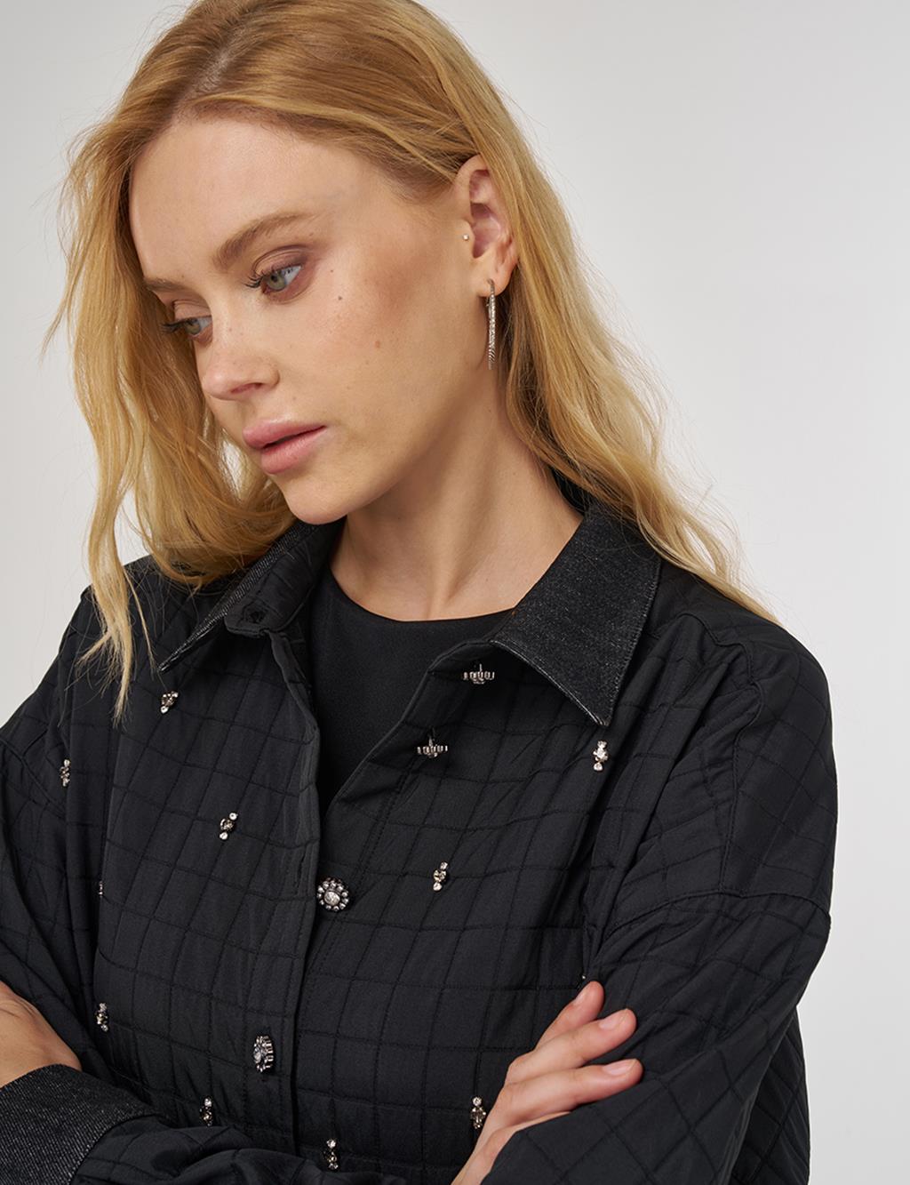Quilted Denim Collar Tunic in Black
