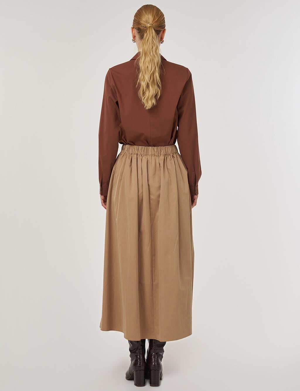 Cep Detaylı Çan Etek Açık Kahve
