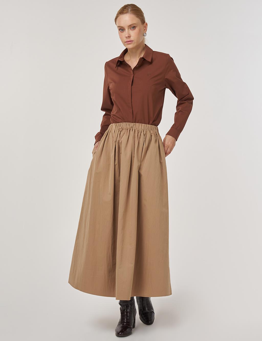 Cep Detaylı Çan Etek Açık Kahve