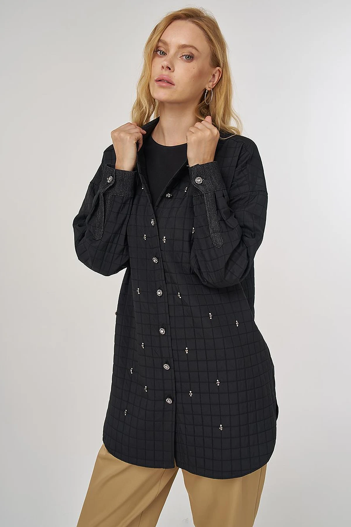 Quilted Denim Collar Tunic in Black