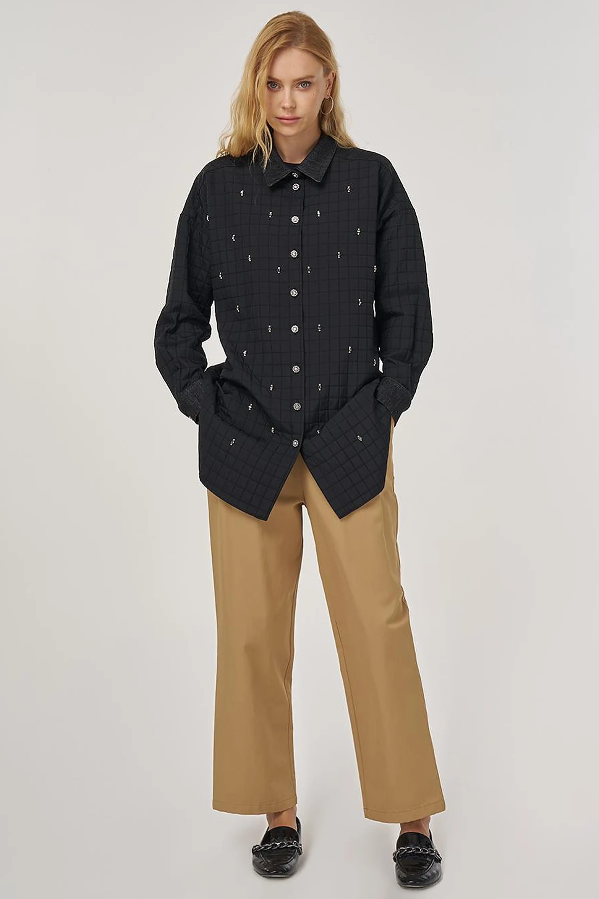 Quilted Denim Collar Tunic in Black