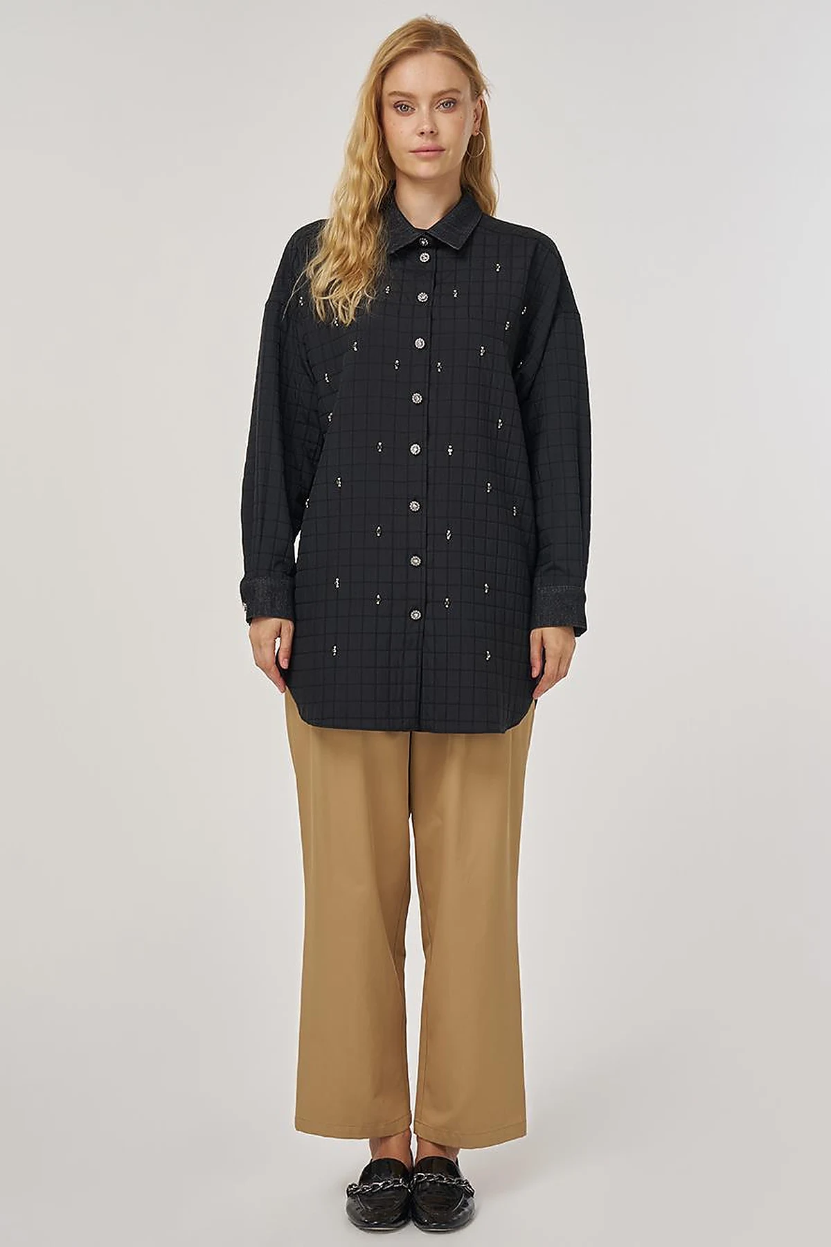 Quilted Denim Collar Tunic in Black