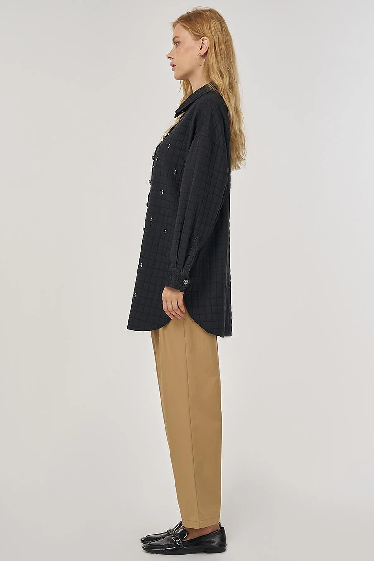 Quilted Denim Collar Tunic in Black