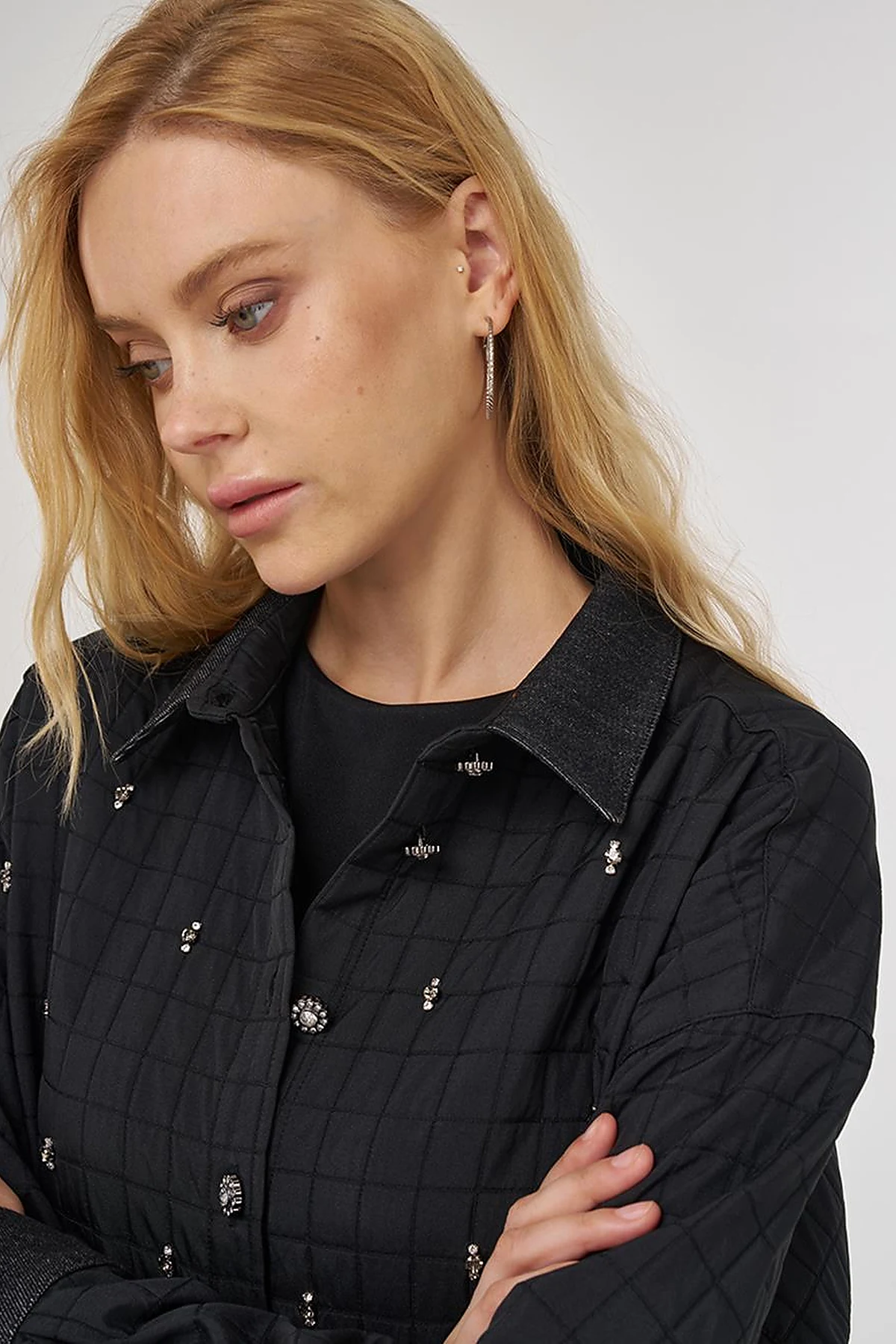 Quilted Denim Collar Tunic in Black