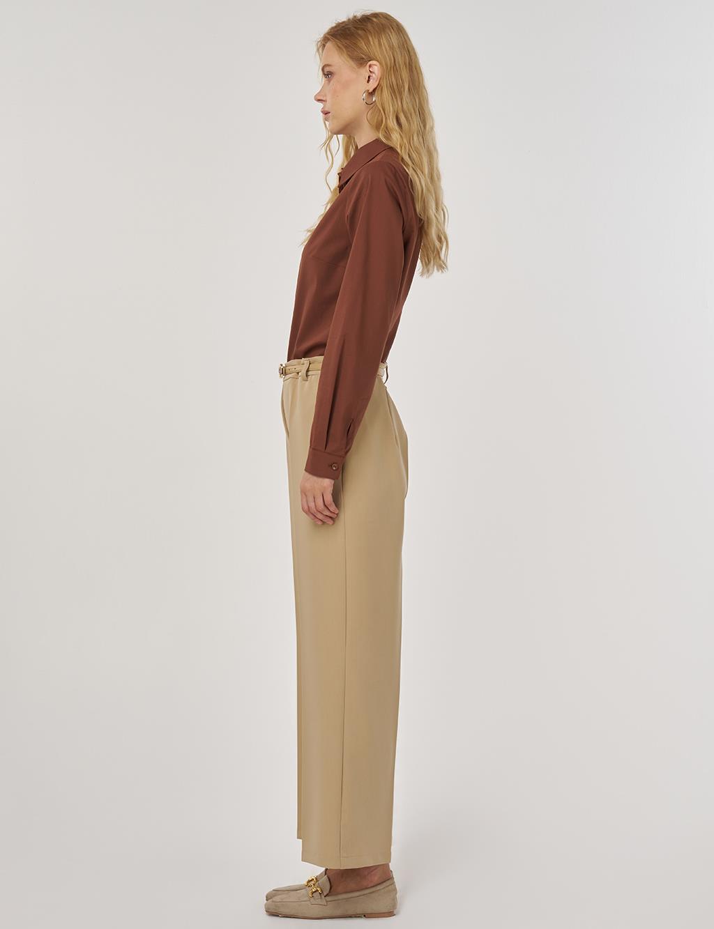 Cep Detaylı Kumaş Pantolon Bej