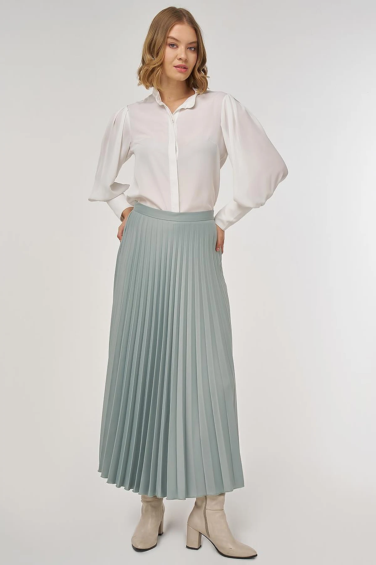 Pleated Satin Skirt Ice Green