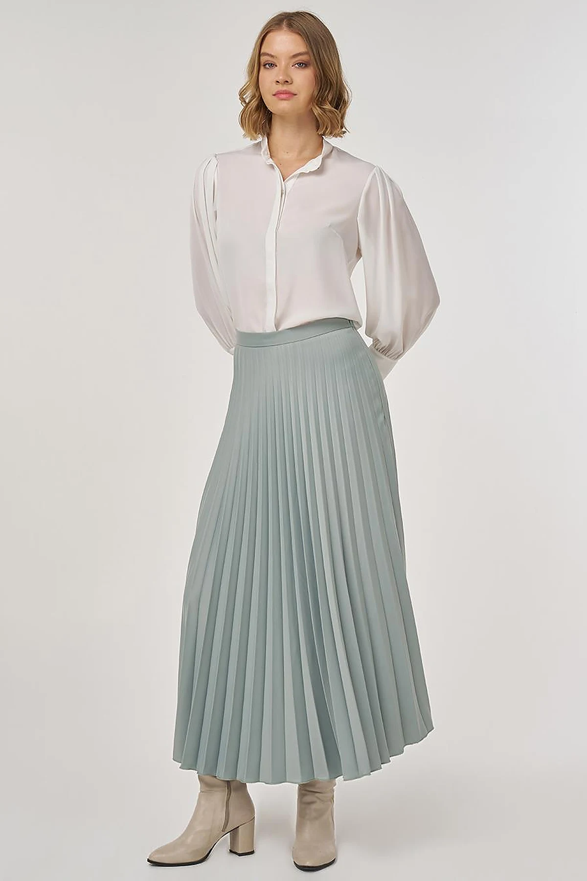 Pleated Satin Skirt Ice Green