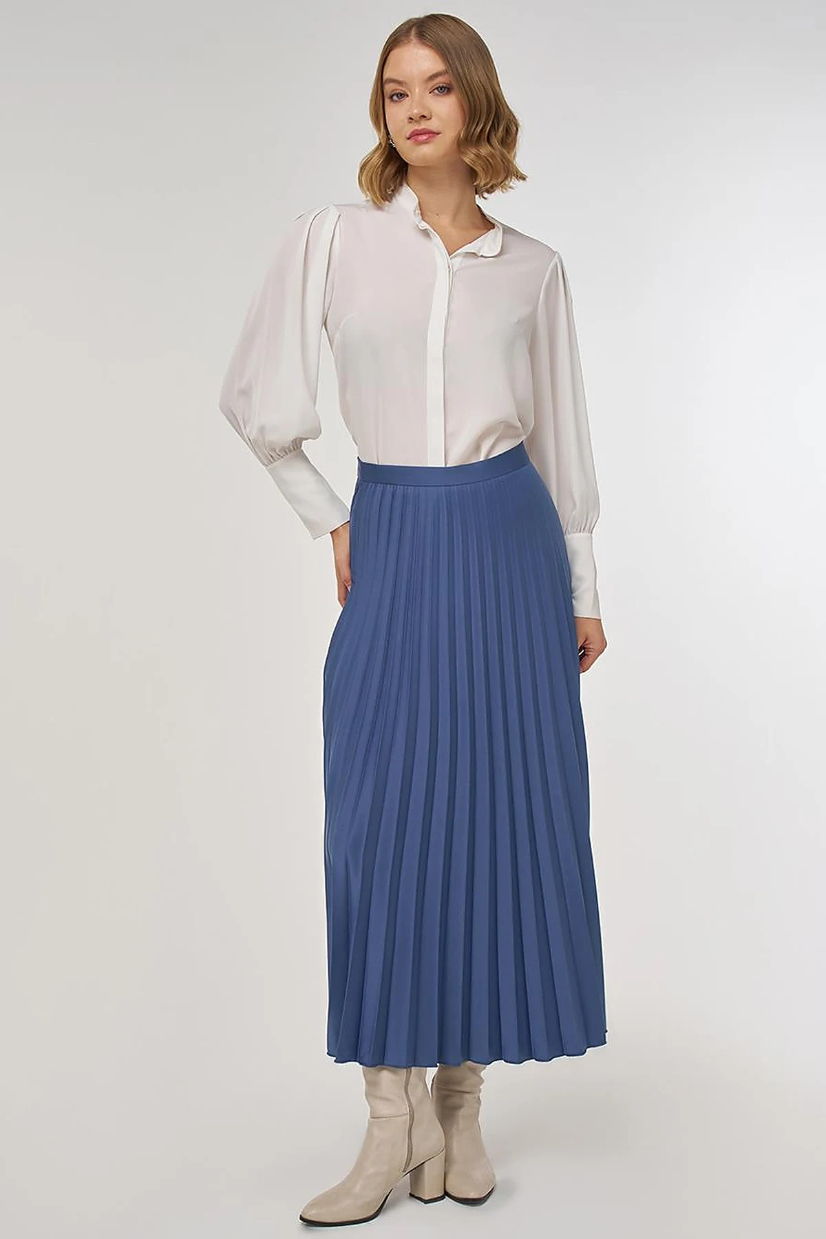 Pleated Satin Skirt Indigo
