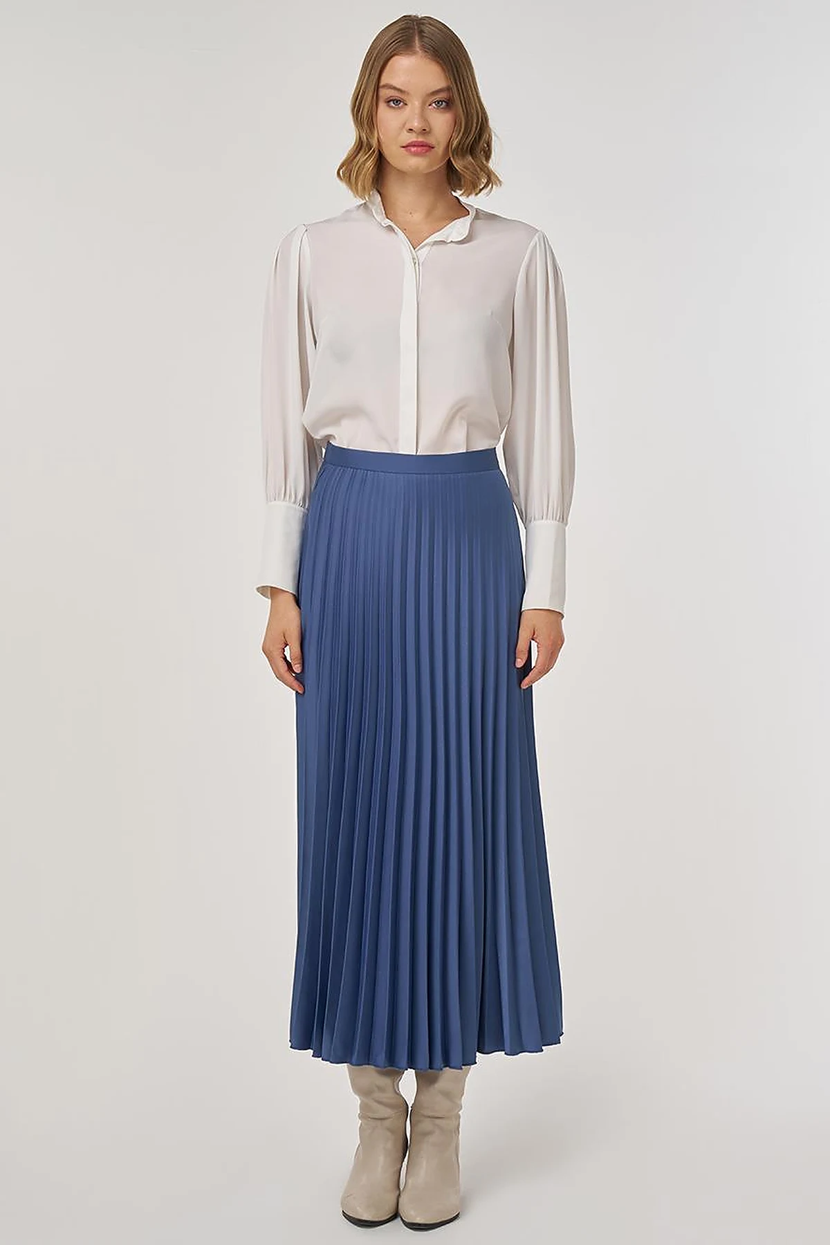 Pleated Satin Skirt Indigo