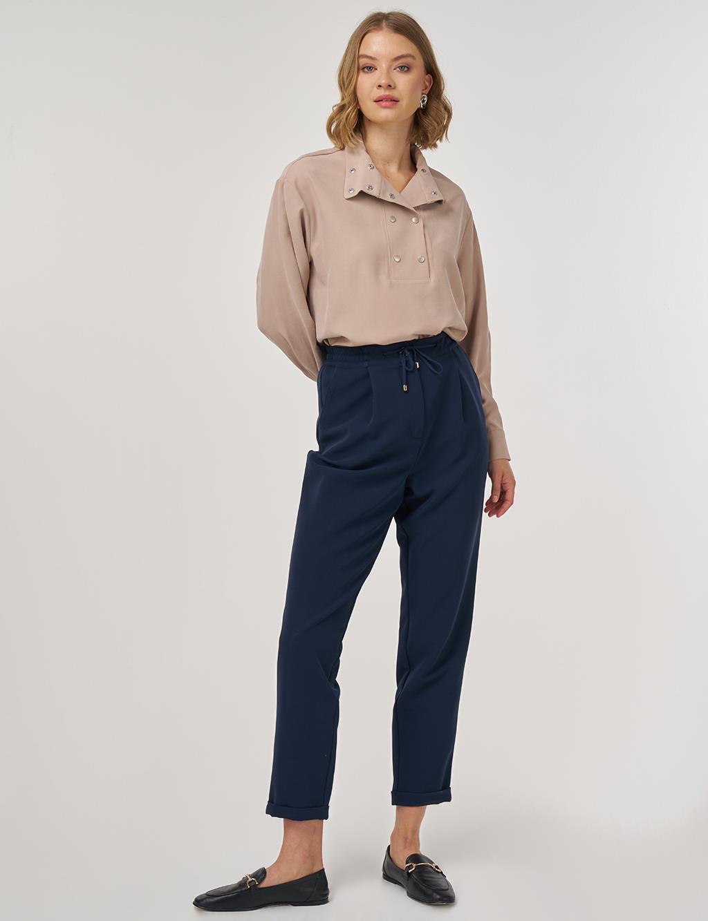 Duble Paça Pileli Pantolon Koyu Lacivert