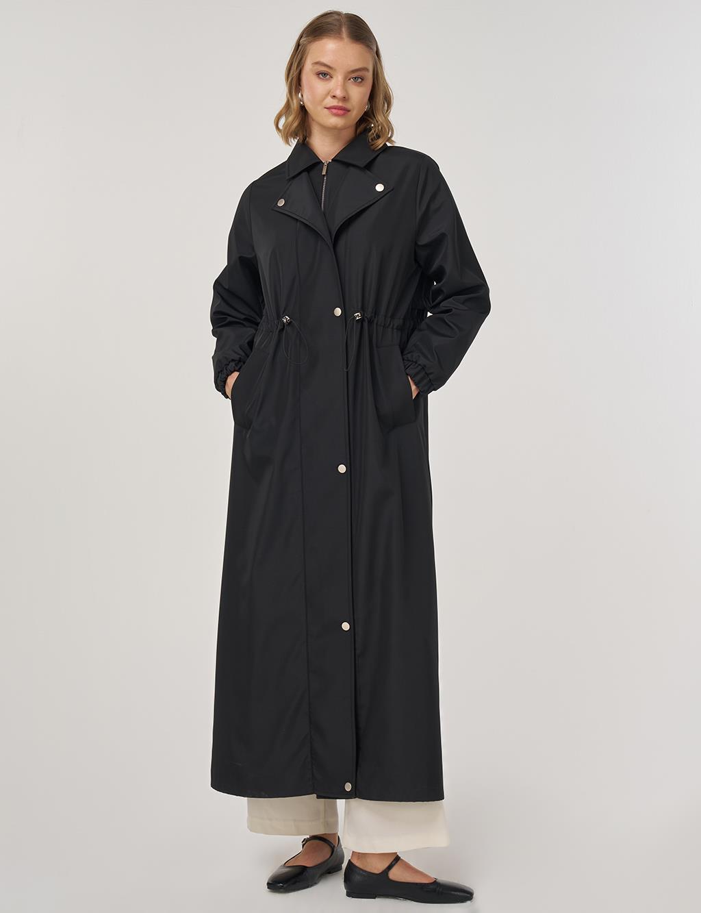 Drawstring Waist Overcoat Black