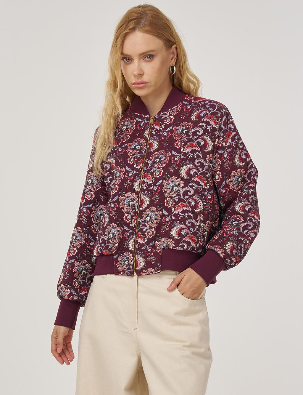Patterned College Collar Jacket: Dark Burgundy