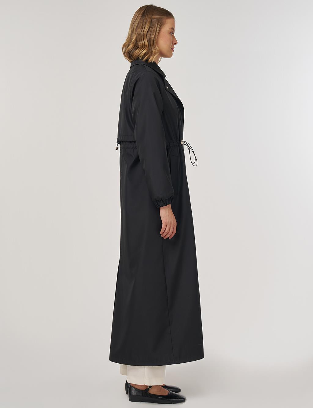Drawstring Waist Overcoat Black